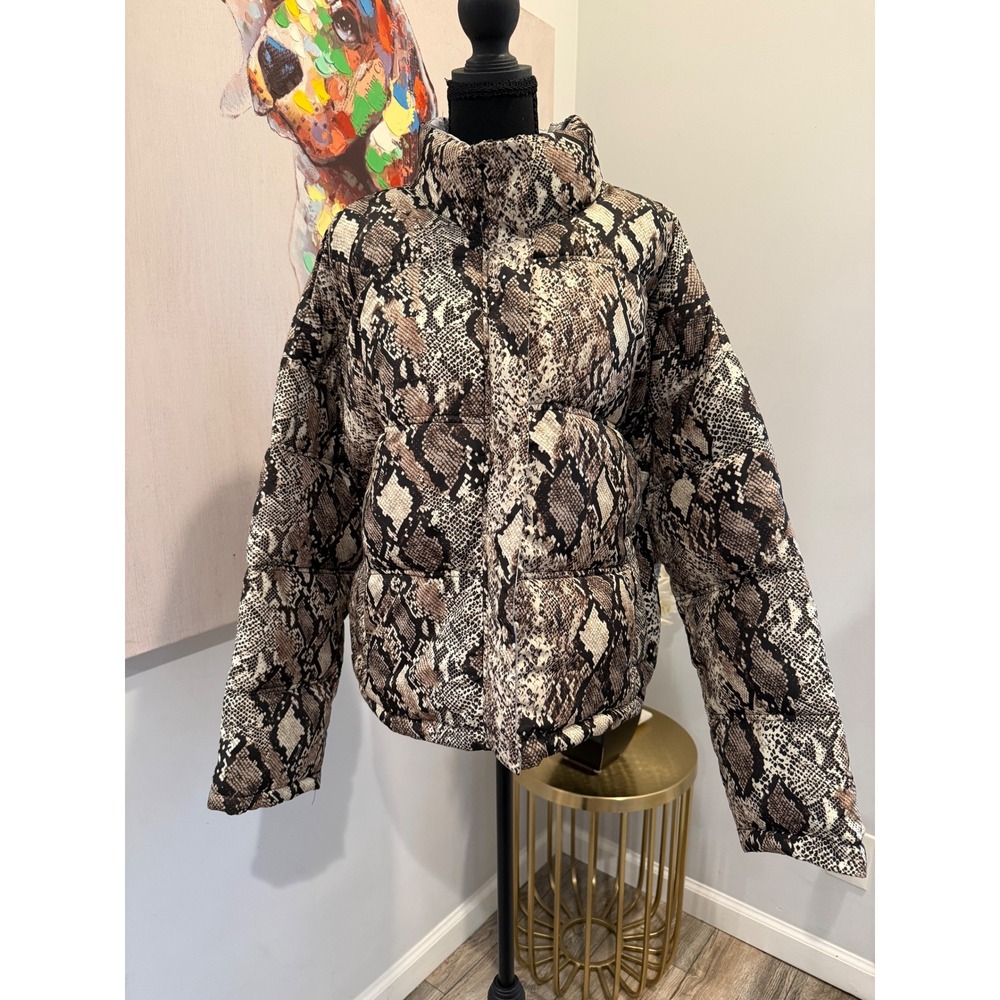 Thread & Supply Snakeskin Puffer Jacket Brown Tan Animal Print Full Zip Puffy S